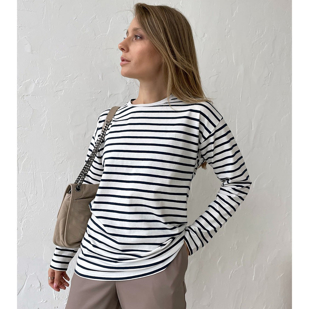 Long Sleeved Striped T shirt Spring Trendy Wild Casual round Neck Cotton Striped T shirt