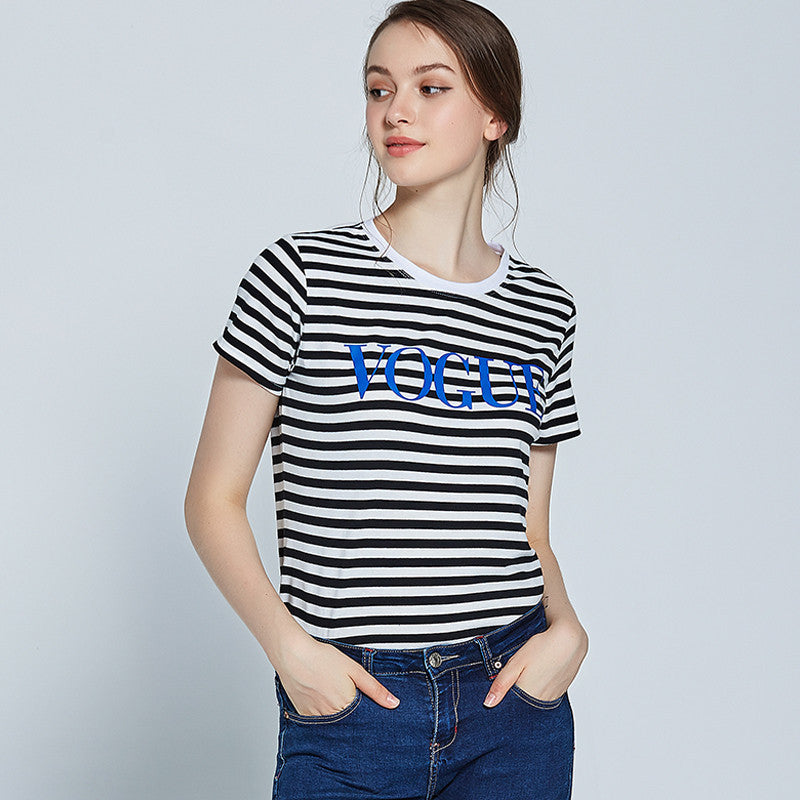Spring Summer Printed Striped Cotton Short Sleeved T Shirt Women Soft Loose Top Vogue
