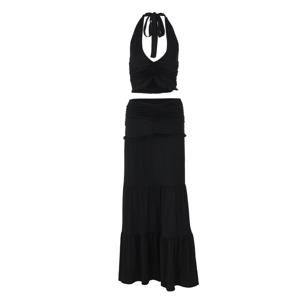 Women Clothing Summer Lace Halterneck Vest Pleated Skirt Two Piece Set for Women
