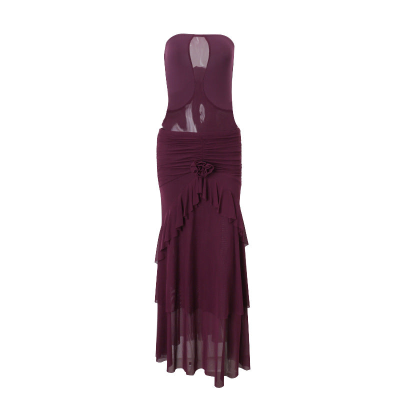 Women Clothing Summer Sexy Tube Top Mesh off Shoulder Top Pleated Ruffled Mid Length Skirt Set
