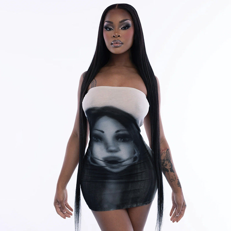 Women Clothing Summer Dark Face Printing Sleeveless Tube Top Slim Fit Sheath Dress