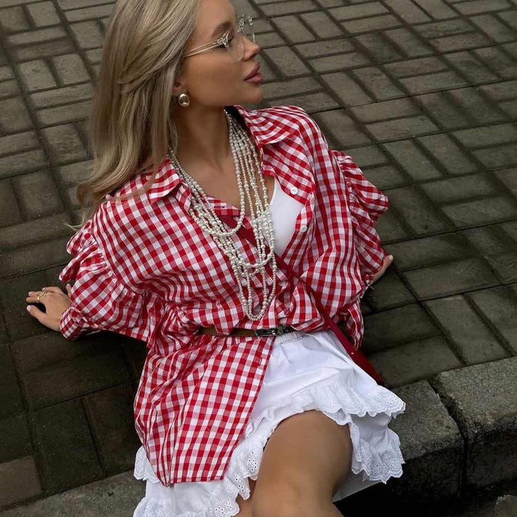 Cotton Plaid Women Shirt Design Ruffled Collared Long Sleeve Cardigan Casual All Matching Tops