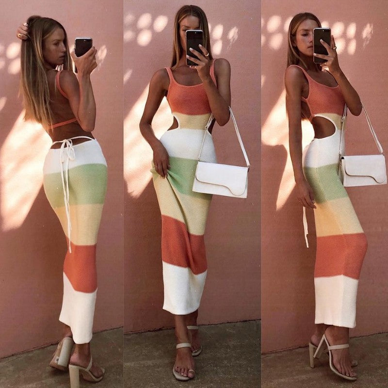 Suspender Striped Color Matching Backless Lace up Knitted Woolen Dress for Women