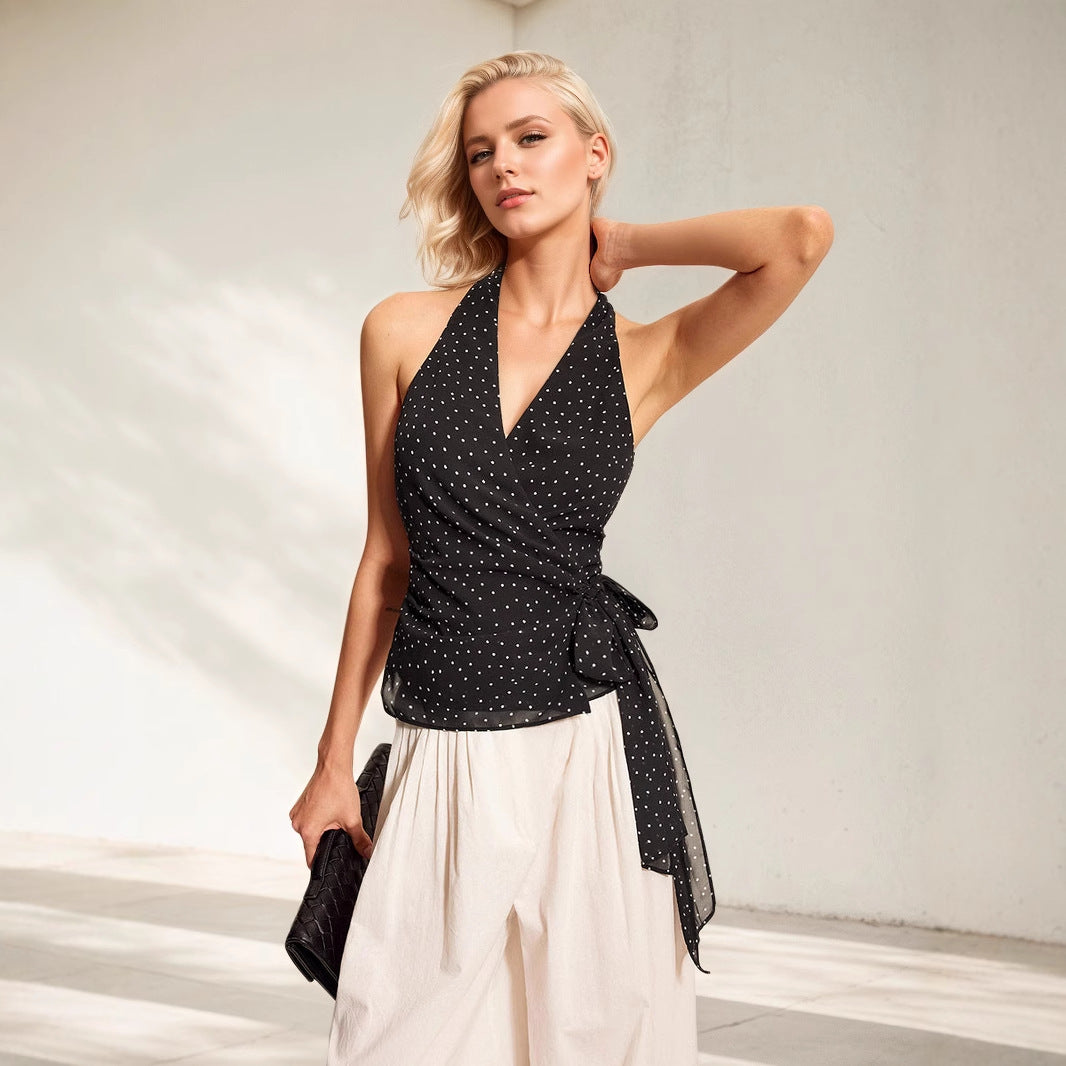 Summer Autumn Polka Dot Women Clothing Sleeveless Halter Lace up Fitted Waist Backless Camisole Top