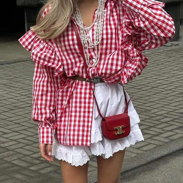 Cotton Plaid Women Shirt Design Ruffled Collared Long Sleeve Cardigan Casual All Matching Tops