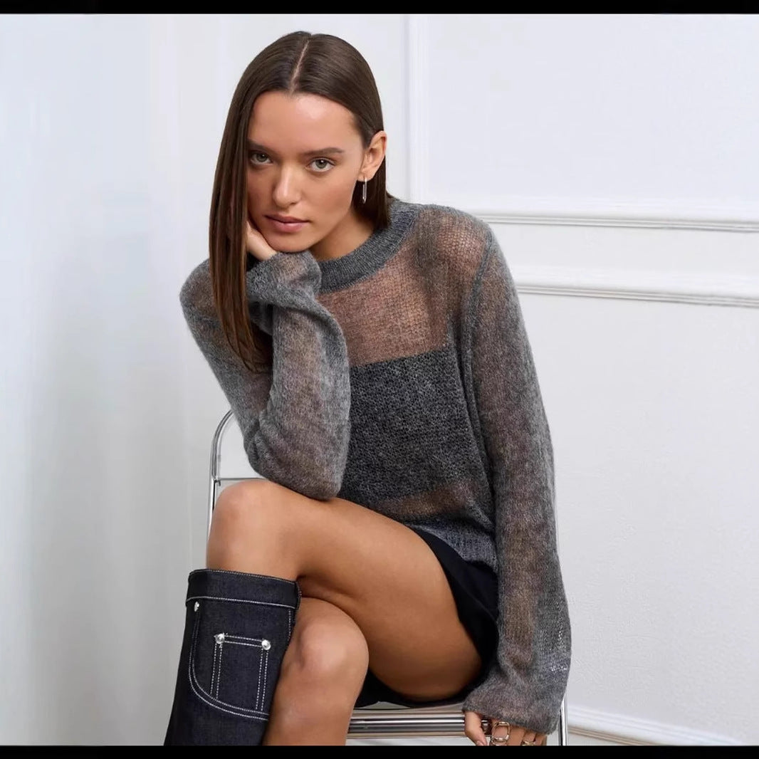 Gray Hollow Out Cutout out Knitted Blouse Women Spring Summer Coat Idle Loose Top Wool Knitted Sweater
