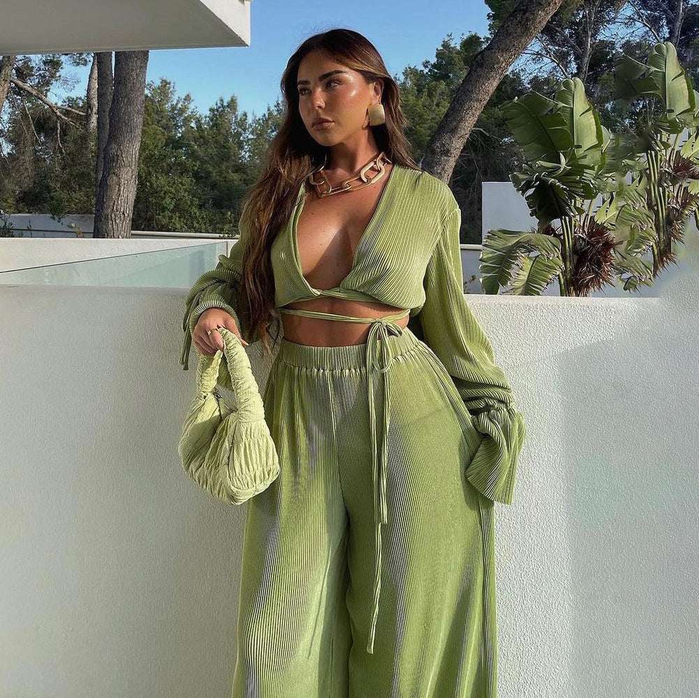 Retro Long Sleeve Pleated Spring Sexy Loose Flare Sleeve Blouse Suit textured