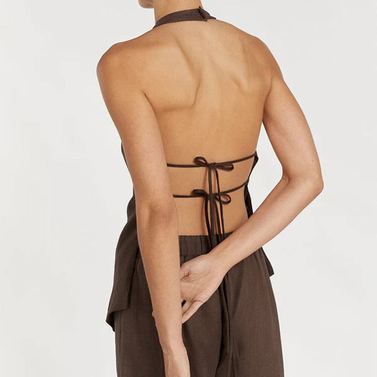 Sexy Women Summer Halter Backless Lace up Top Loose Trousers Two Piece Set