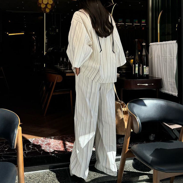 Striped Shirt Trousers Women Polo Collar Three Quarter Length Sleeves Cardigan Top Loose Wide Leg Pants Two Piece Set