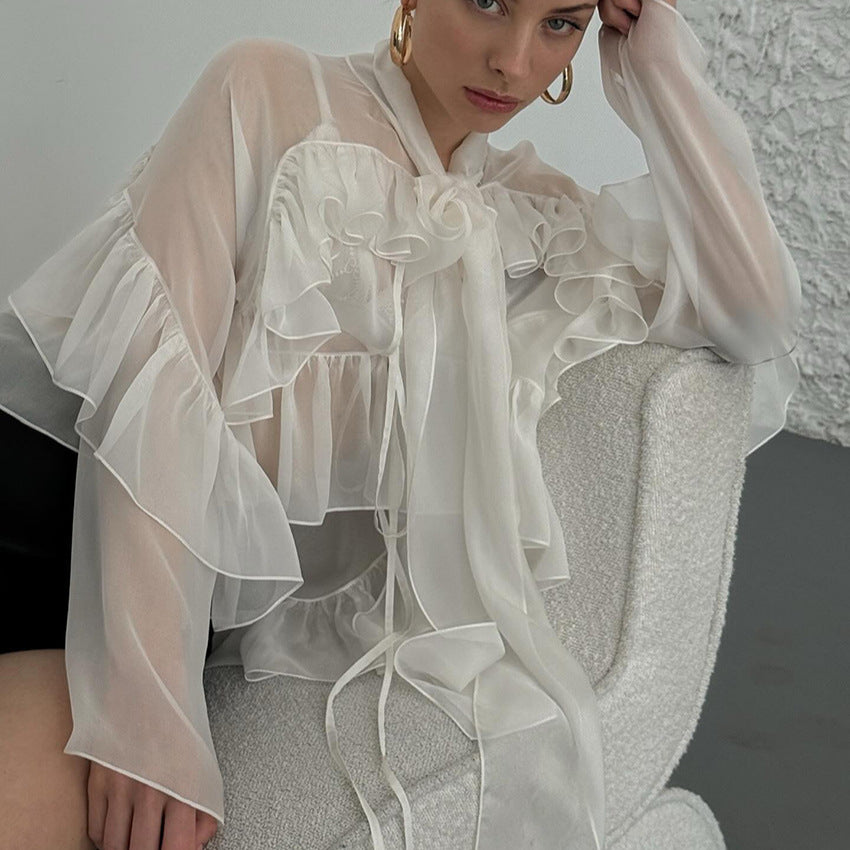 French Spring Summer Ruffled Ribbon Tencel Shirt Women Top