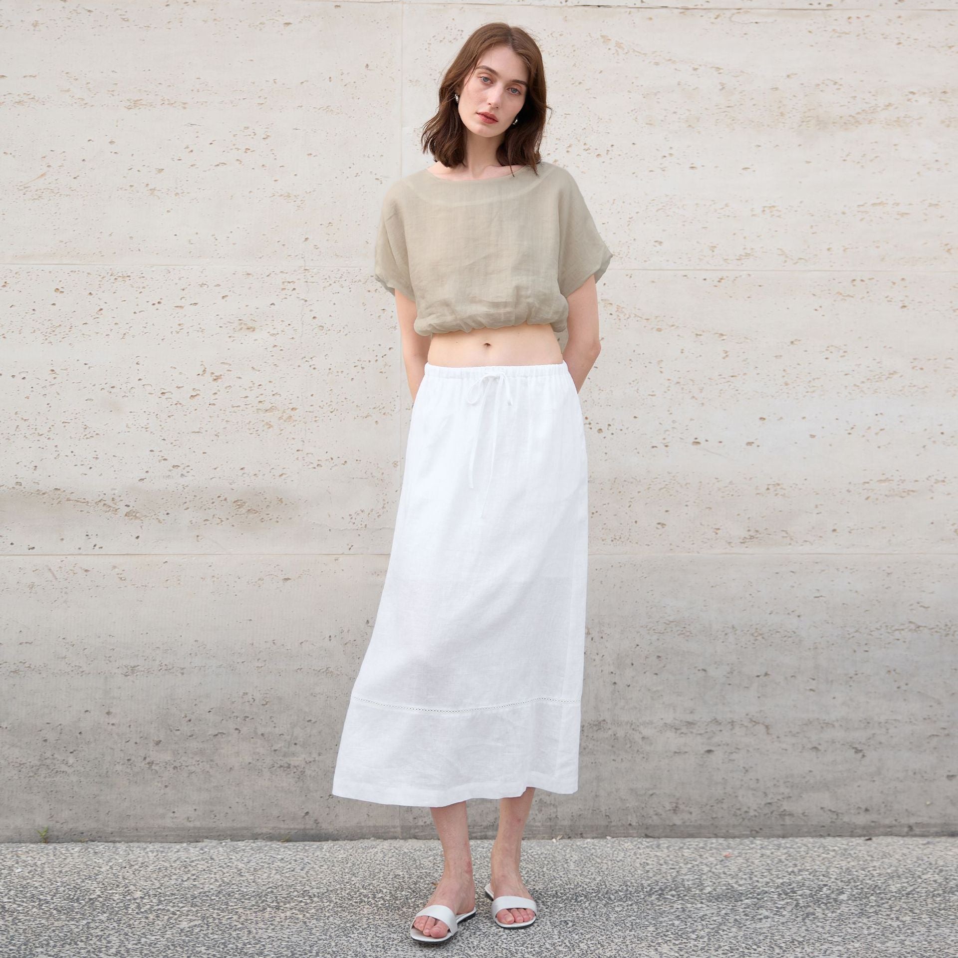 Pure Ramie round Neck Top French Light Cropped Short Sleeve Women Summer Solid Color Waist Tight T shirt