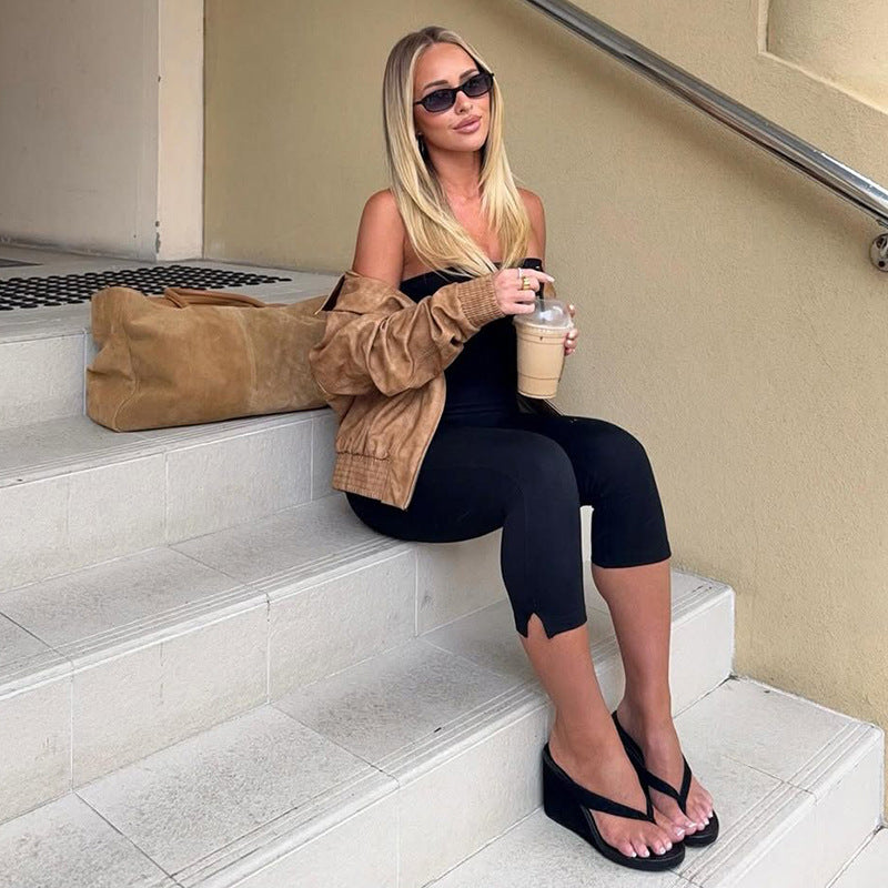 Women Clothing Summer Solid Color Sleeveless off Shoulder Plastic Slim Cropped Romper