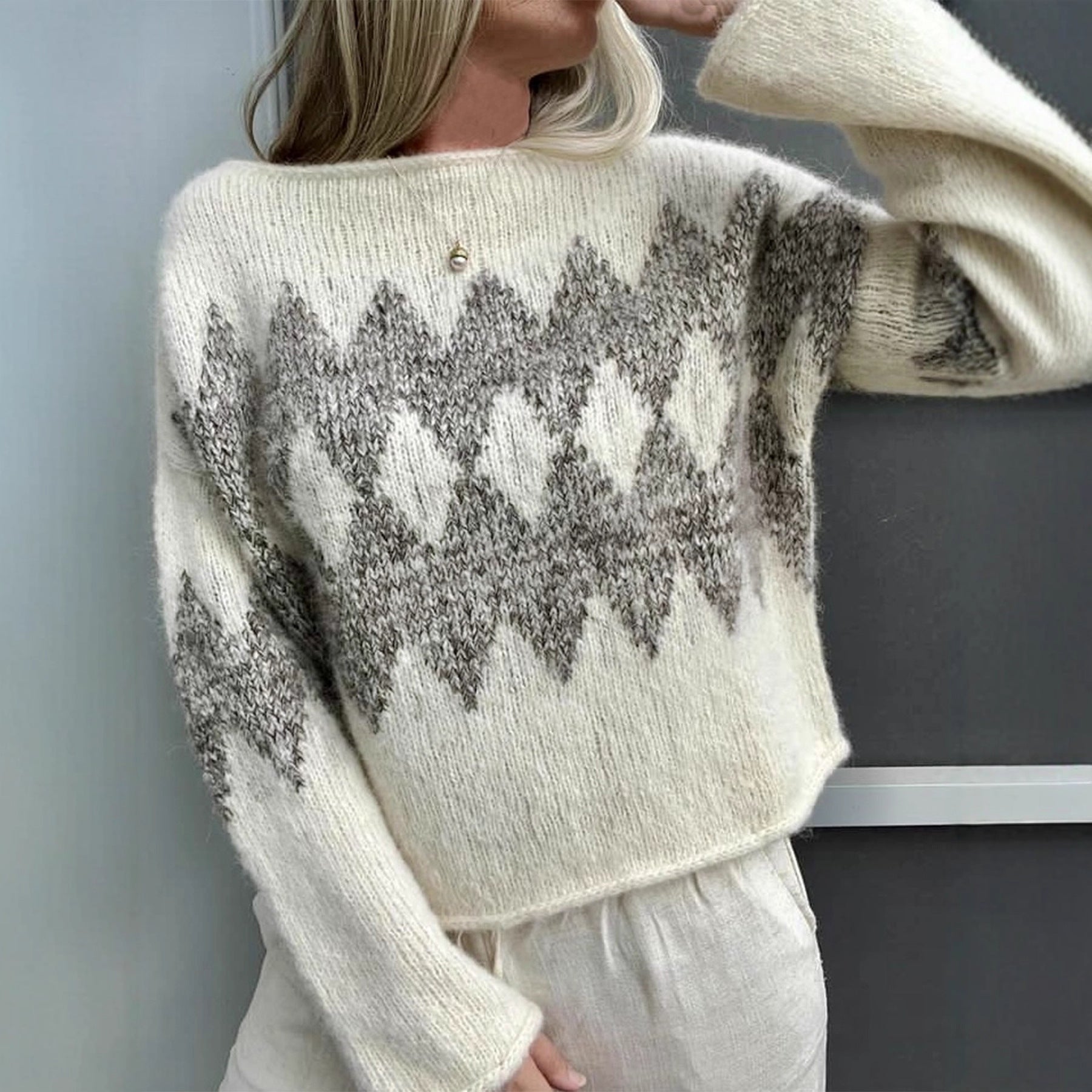 Women Autumn Winter Casual off Neck Pullover Sweater Contrast Color Diamond Patterns Knitwear Top