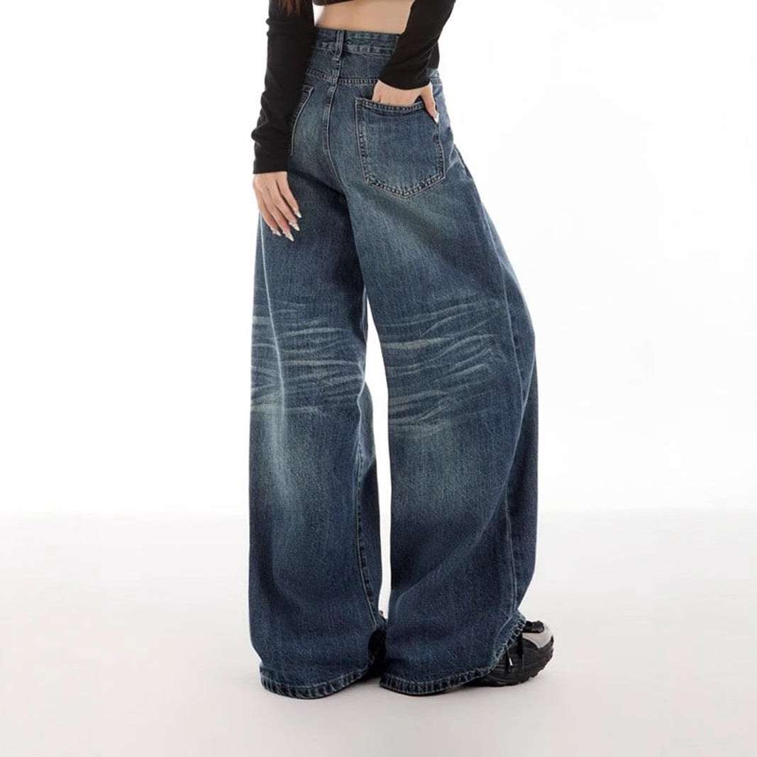 Retro Easy Matching Straight Drooping Wide Leg Women Clothing Denim Trousers