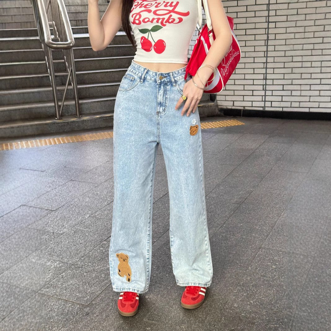 Chinese Chinese Embroidery Jeans for Women Spring Autumn Loose Small Narrow Straight Wide Leg Pants