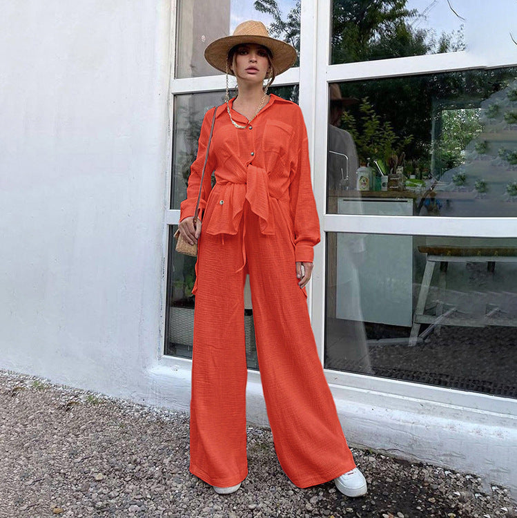Fashion Loose-Fitting Long Sleeves Shirt Wide Leg Pants Two-Piece Set Commuting Elegant Pink Suit