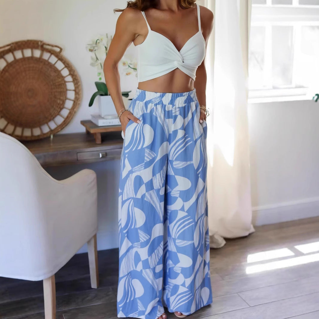 Summer Geometric Abstract Printed Elastic Waist Wide Leg Straight Casual Pants
