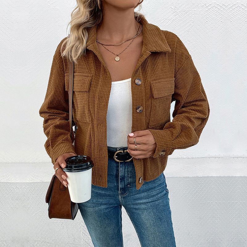 Women Clothing Autumn Winter Corduroy Jacket Vintage Brown Cardigan Pocket Coat Women
