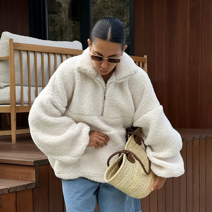 Autumn Winter Personalized Beige Knit Casual Lamb Cashmere Small Stand-up Collar Puff Sleeve Plush Loose Sweatshirt Women