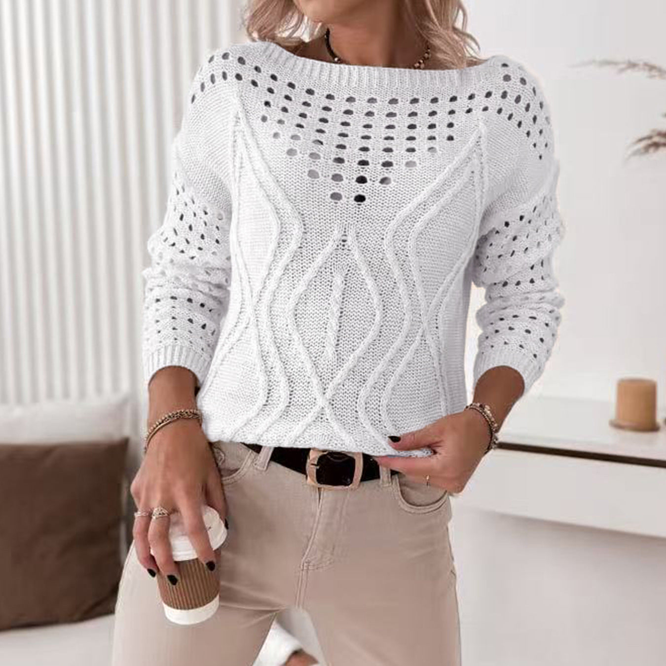 Autumn Solid Color Loose Fitting Women Sweater off Neck Pullover Long Sleeve Hollow Out Cutout out Sweater Women