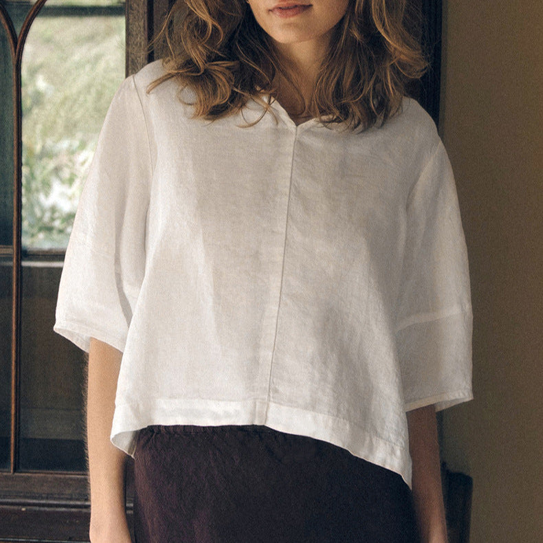 Summer Pure Linen Short Sleeve Shirt French Small V neck Half Sleeve T shirt Office Solid Color Loose Top Women