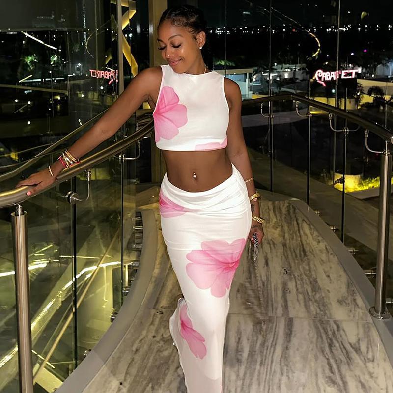 Summer Women Clothing Mesh Stitching Printing Sleeveless Top Skirt Set