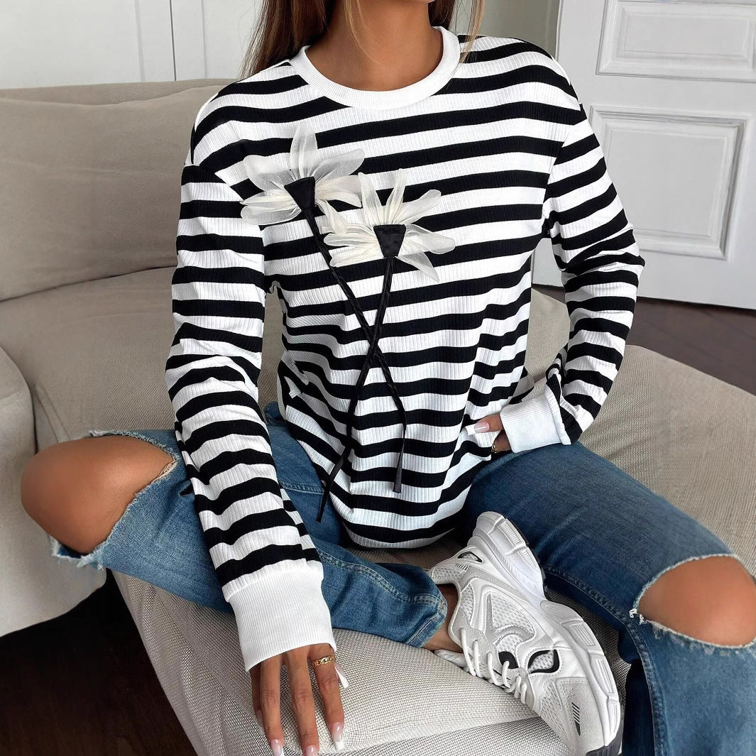 Spring Women Casual Long-Sleeved round Neck Striped Floral Sweatshirt T shirt Top Women
