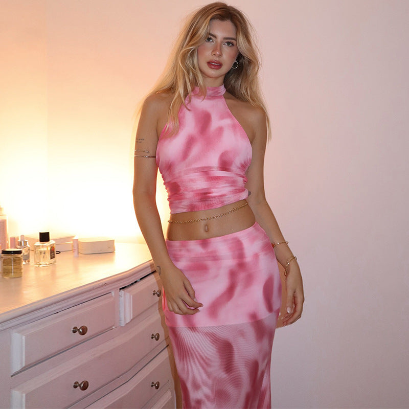 Summer Women Clothing Sexy Halter Backless Print Mesh Skirt Two Piece Set