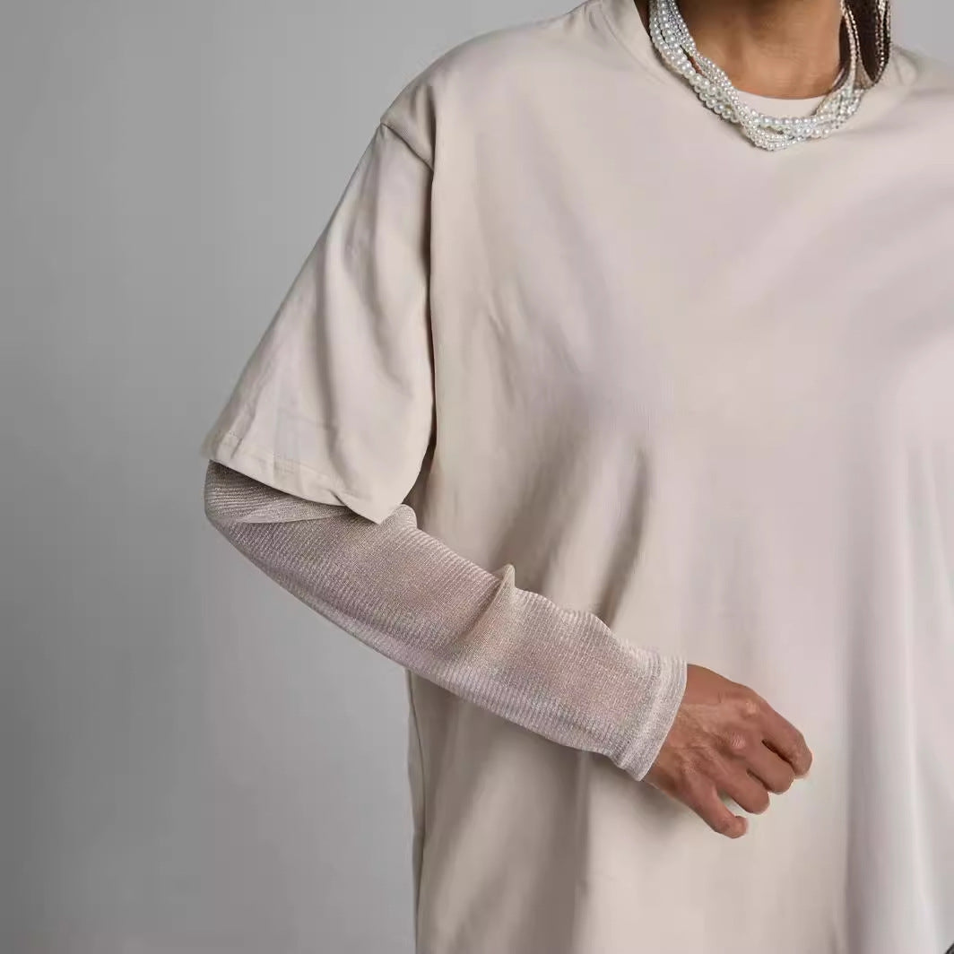 Summer Bright Yarn Mesh Stitching Long Sleeve T shirt Women Loose Sun Protection Top