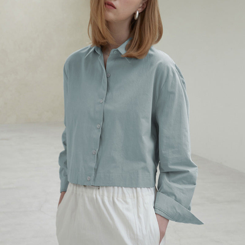 Autumn Short Shirt Cotton Hem Elastic Waist Tight Design Casual Slimming Solid Color Long Sleeve Shirt for Women