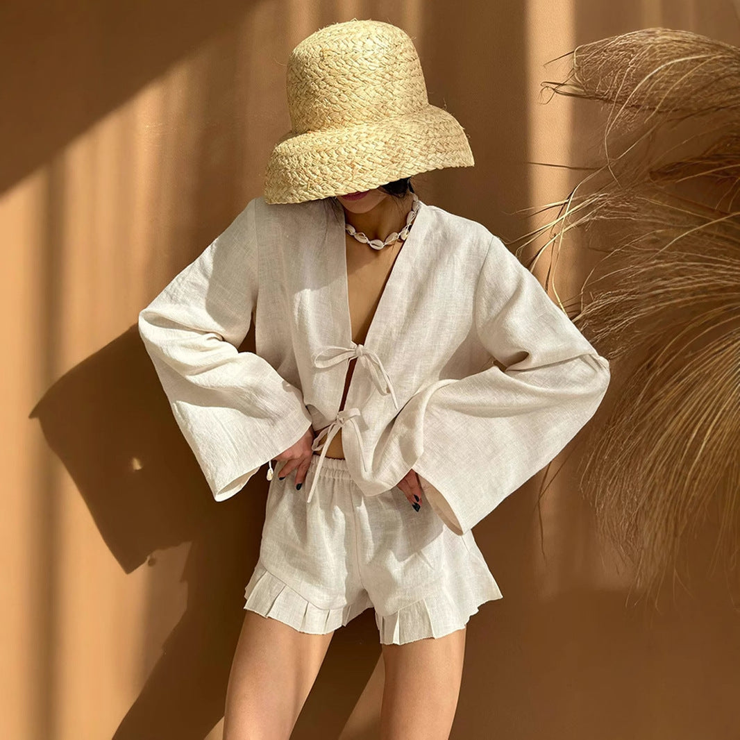Cotton Lace up Cardigan Shorts Spring Summer Loose Casual Shorts Two Piece Sets Women