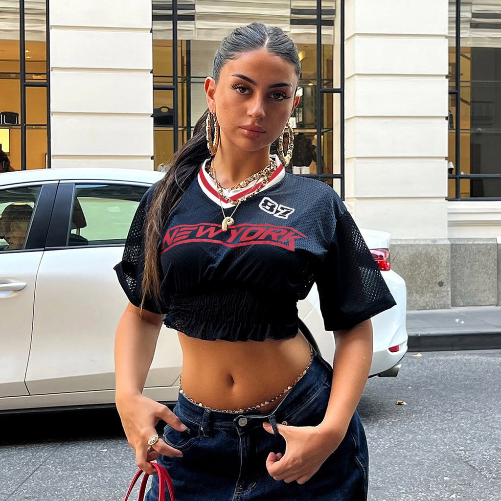 Street Cropped Short Sleeve Quick Drying Breathable Mesh Waist Tight Ruffled Top Printed Letters Ball Uniform Sports T shirt