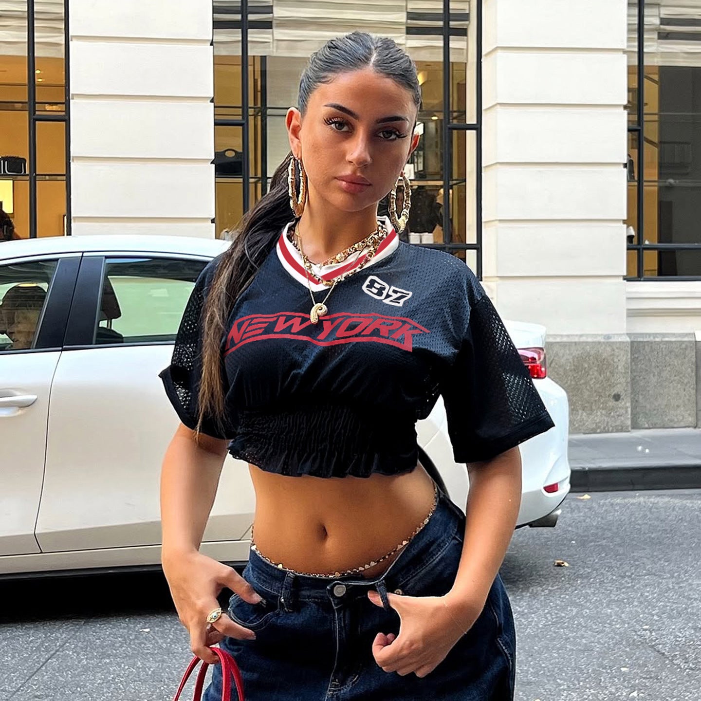 Street Cropped Short Sleeve Quick Drying Breathable Mesh Waist Tight Ruffled Top Printed Letters Ball Uniform Sports T shirt
