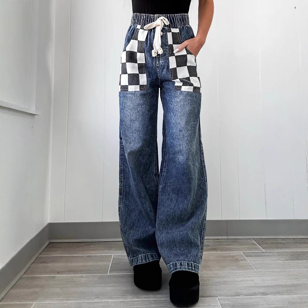 Spring Casual Loose Plaid Contrast Color Women Denim Trousers