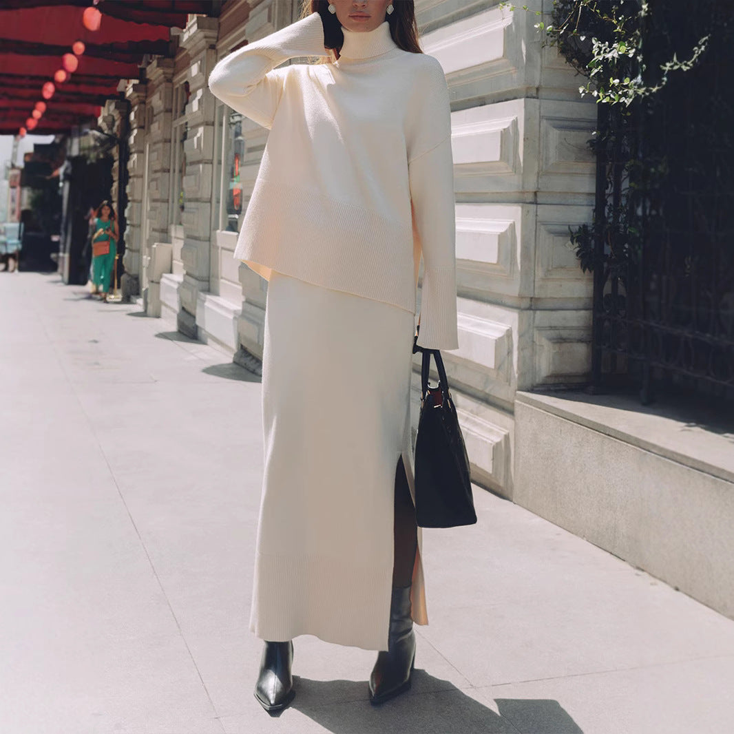 Turtleneck Sweater Skirt Set Women Autumn Winter Loose Sweater Split Skirt Set