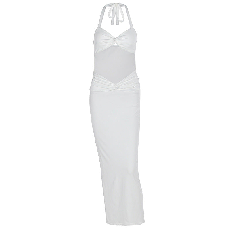 Summer Sexy Solid Color Halter Hollow Out Cutout Sleeveless Slim Fit Hip Dress