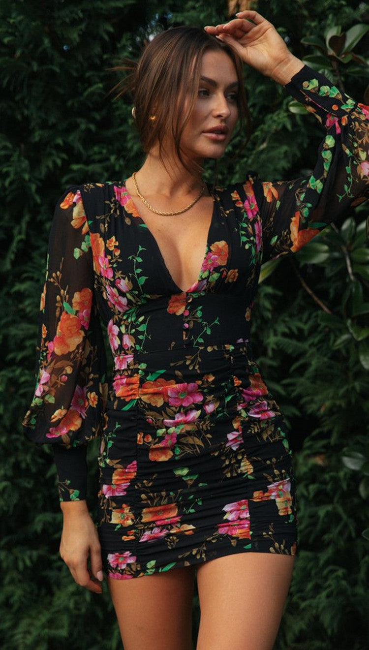 Women Clothes Sexy V-neck Lantern Sleeve Printed Pleated Dress