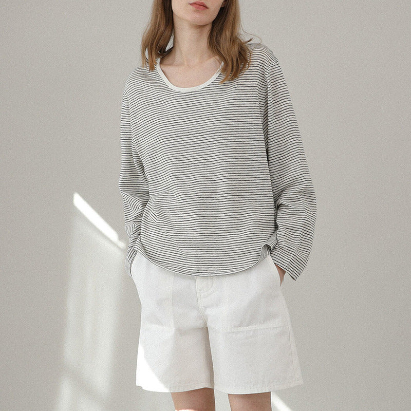 Fall Women Clothing Cotton Linen Stripes T shirt Long Sleeve Loose Korean Casual Relaxed Feeling Pullover T shirt Tops