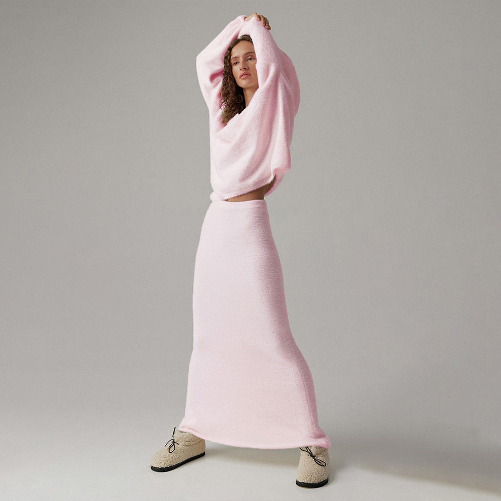 Sweater Suit Women Autumn Winter Office Simple Knitting V Neck Sweater Skirt Set