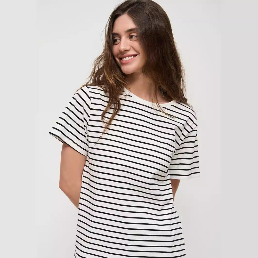 Striped T shirt Summer Women Office round Neck Black White Striped Short Sleeve T shirt
