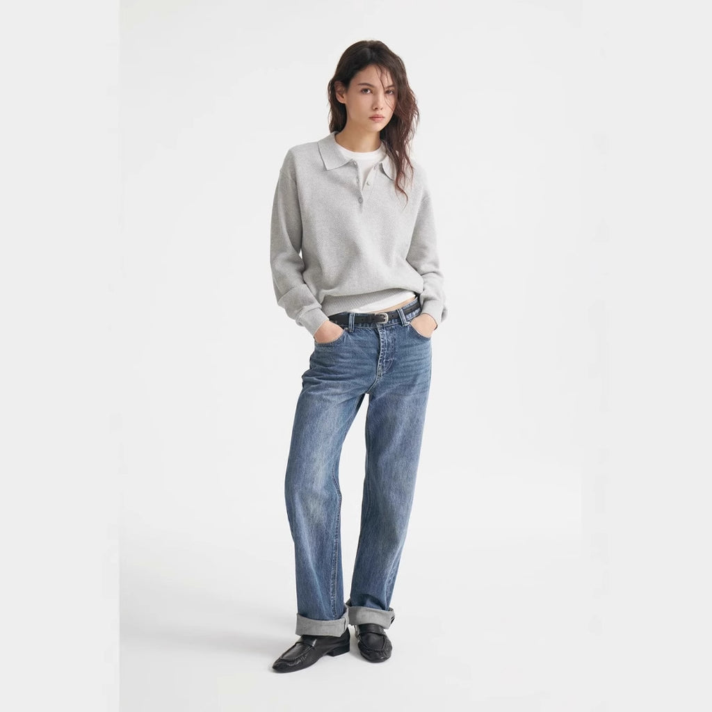 Autumn Winter Polo Collar Solid Color Sweater Women All Match Casual Pullover Sweater