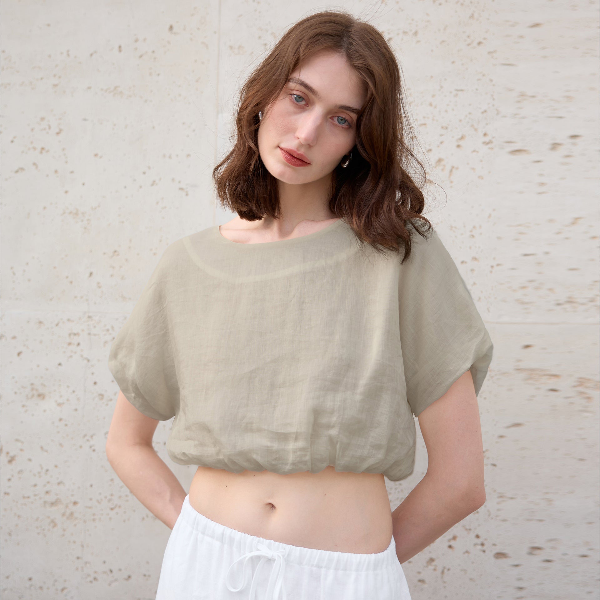Pure Ramie round Neck Top French Light Cropped Short Sleeve Women Summer Solid Color Waist Tight T shirt