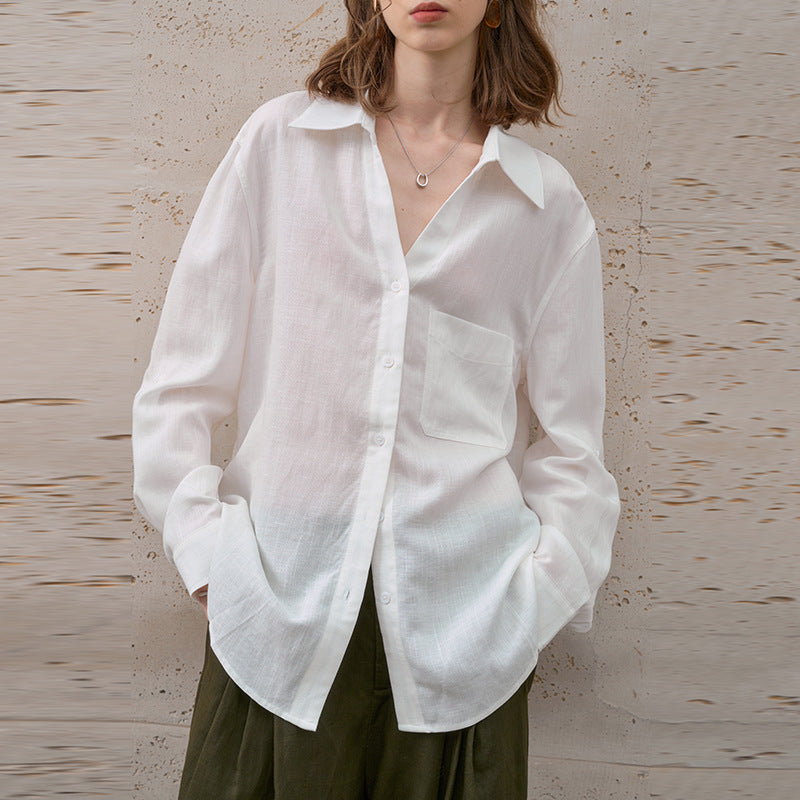 Lightweight Pure Linen Shirt Women High Grade Simple Solid Color Polo Collar Cardigan Lazy Long Sleeve Loose Shirt Summer