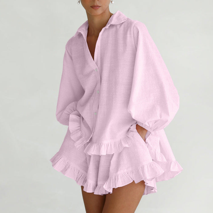 Women Striped Collared Puff Sleeve Ruffled Shirt Loose Shorts Casual Two Piece Set