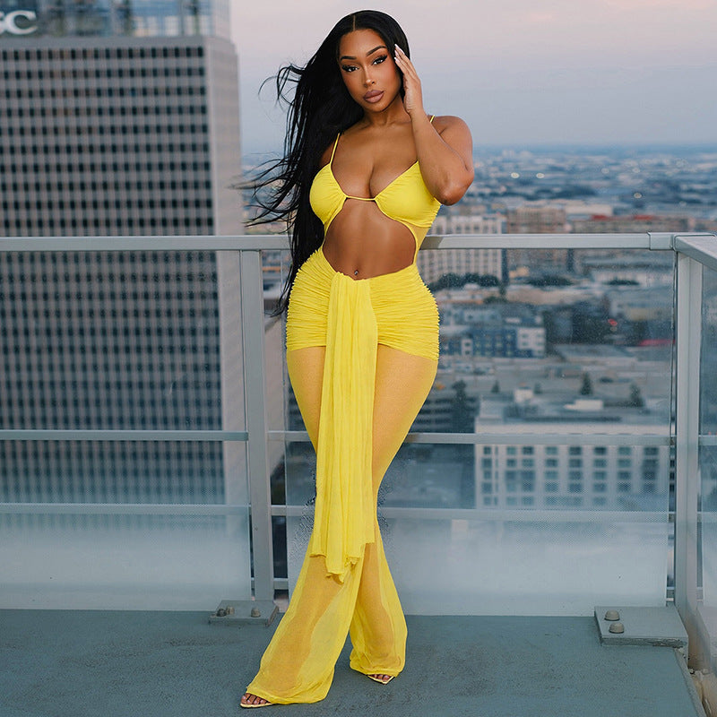 Women Clothing Spring Summer Halter Cropped Outfit Mesh Drawstring Sheer Cutout Ribbon Jumpsuit
