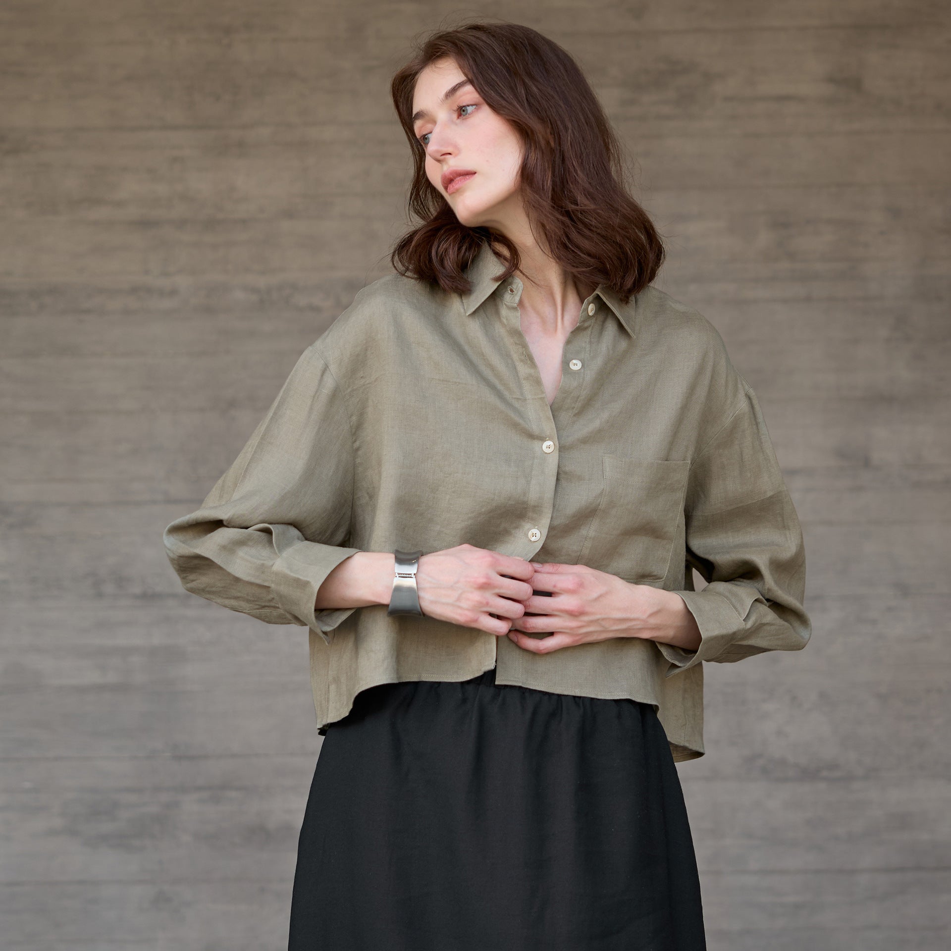 Pure Linen Long Sleeve Short Shirt for Women Office Solid Color Loose Cardigan Top Summer French Shirt