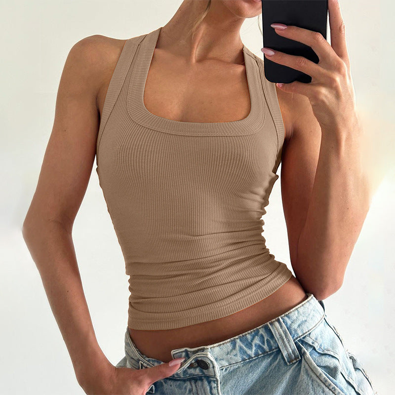 Women Clothing Summer Sexy U Collar Solid Color Slim Fit I Shape Cropped Vest for Women