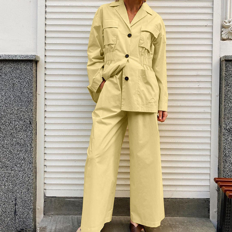 Women Collared Long Sleeve Waist Controlled Top Wide Leg Pants Two Piece Sets