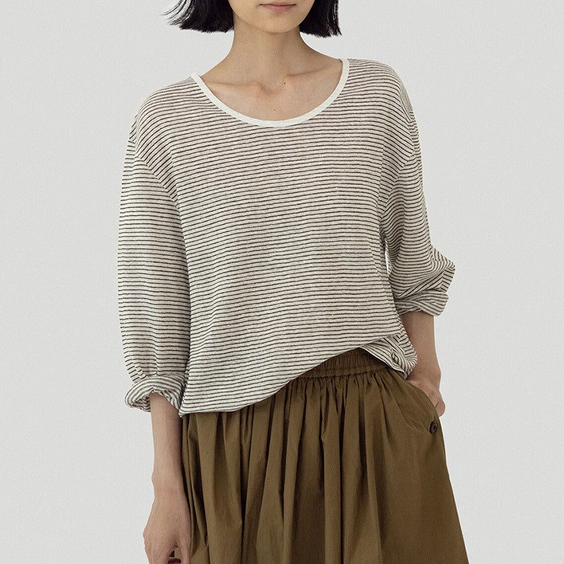 Fall Women Clothing Cotton Linen Stripes T shirt Long Sleeve Loose Korean Casual Relaxed Feeling Pullover T shirt Tops