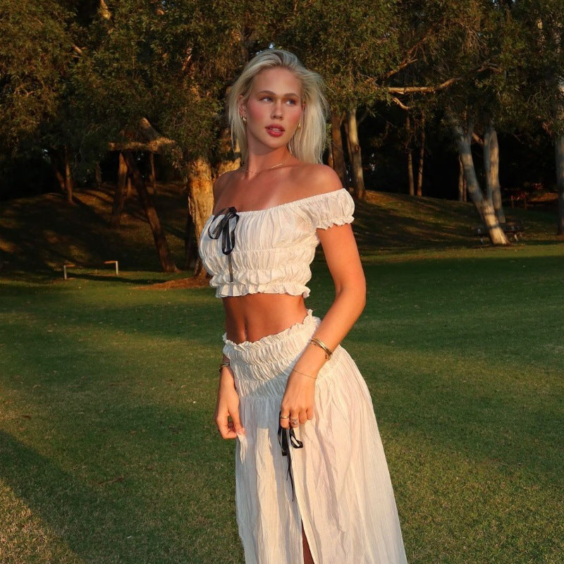 Women Clothing Summer Sexy Vacation off Neck Pleated Top Split Skirt Set